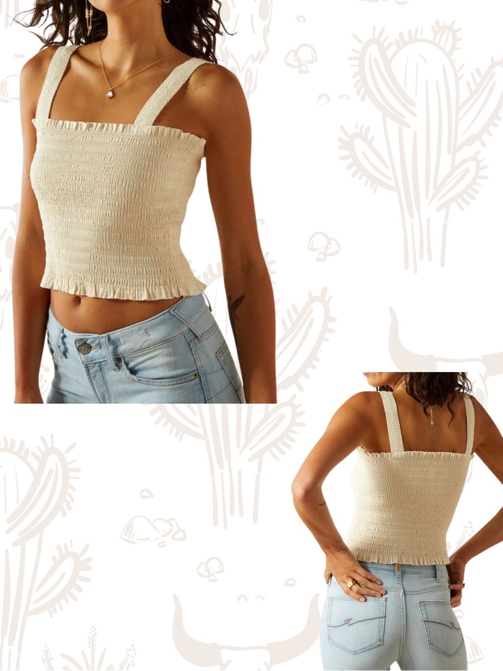Women ARIAT Darla Vanilla Cream smocked bocho chic cottagecore summer top large